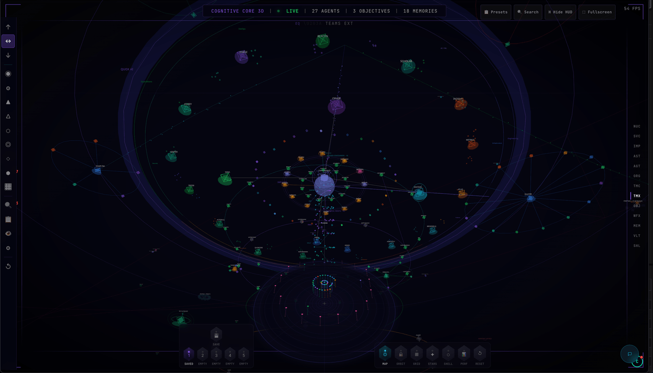 Cognitive Core 3D: the full immersive view with agents, implants, and infrastructure rendered in 3D