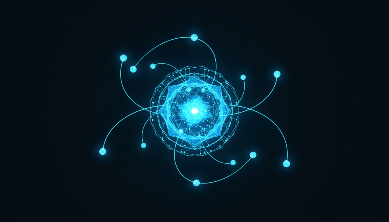 Glowing cyan core with orbiting satellite nodes