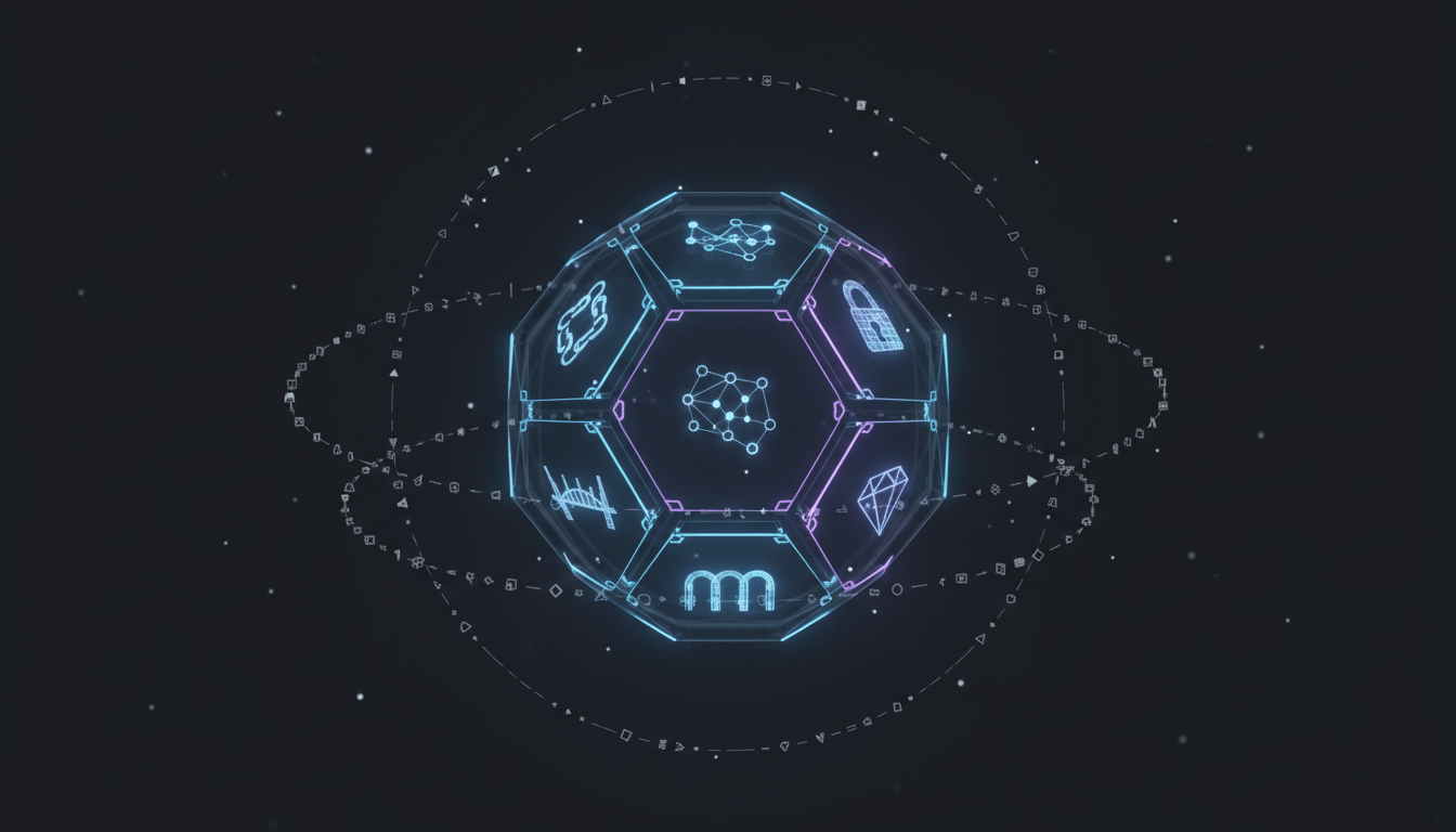 Abstract decagonal geometric structure with glowing symbols representing 10 architectural dimensions
