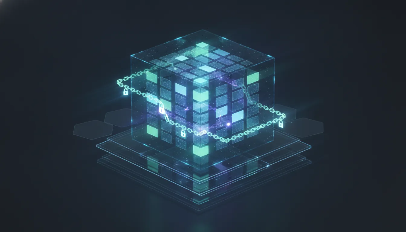 A per-URL site record held in a self-hosted warehouse, each crawl sealed into a signed chain, cyan and violet over near-black