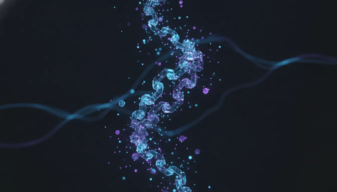 Abstract glowing hash-chain of translucent blocks receding into darkness, one block subtly displaced and flagged in violet