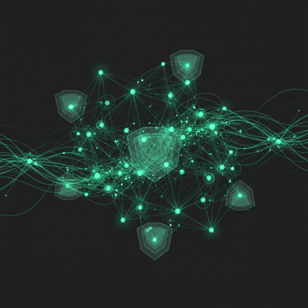 Abstract network mesh topology with audit trail lines flowing through connected nodes