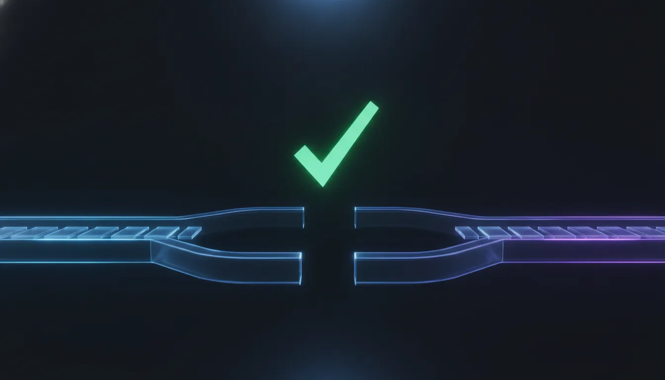 A bright green check mark resting on a faint, empty workflow track with a dark gap beneath it, sky blue and violet on near-black.
