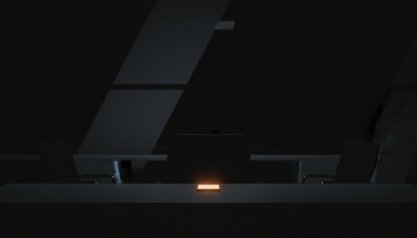 Dark boardroom with a single glowing phone on an executive desk