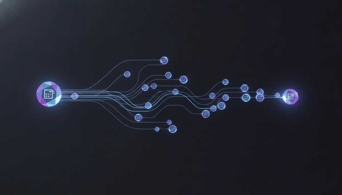 A single plain sentence fanning out into an ordered sequence of connected command nodes, each node carrying a small receipt, cyan and violet on near-black.