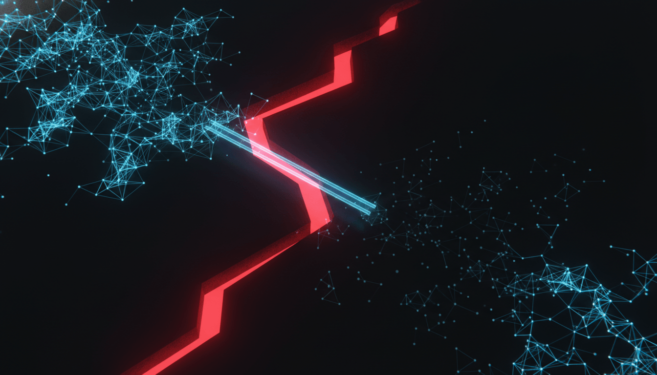 Red fracture splitting a network with a thin blue bridge spanning the trust gap