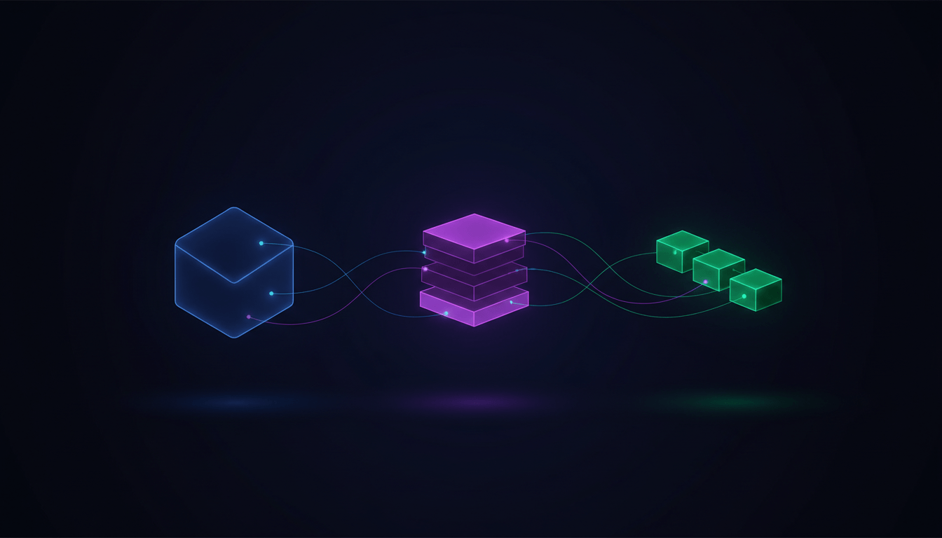 Three distinct protocol shapes connected by luminous threads