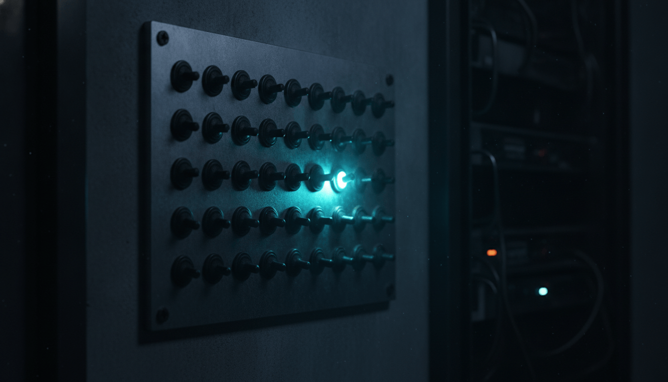 A dark steel panel of unlabelled toggle switches in a dim server room, with a single switch flipped on and glowing cyan.
