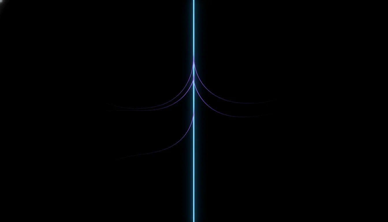 A single straight sky-blue line travelling upward through darkness while several thinner violet filaments peel away from it and fade, suggesting sub-goals drifting from an original path