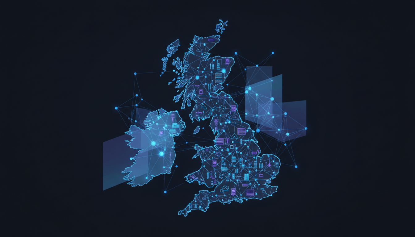 Abstract UK map outline with interconnected infrastructure nodes and data pathways