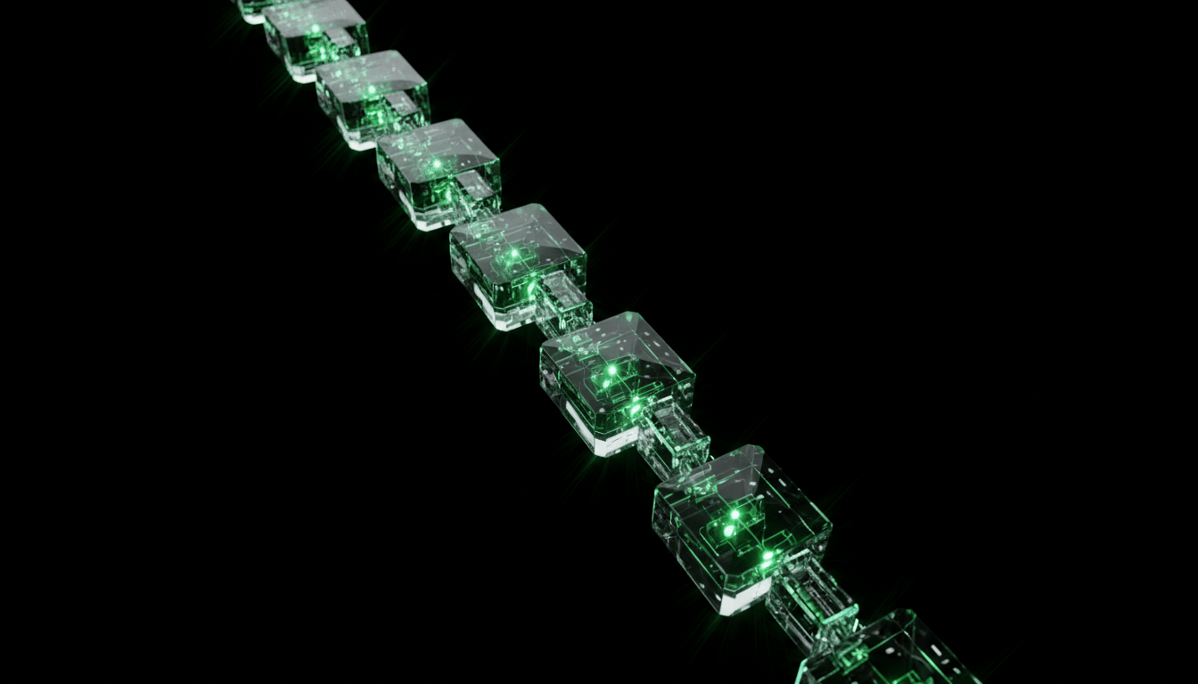 Crystalline hash chain with emerald green internal glow