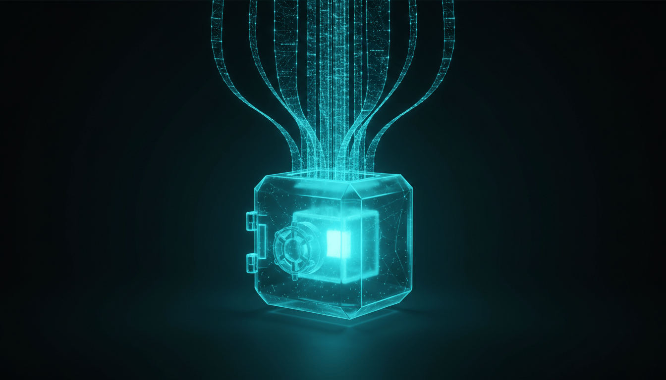 Sealed geometric vault with receipt strips flowing in, glowing cyan