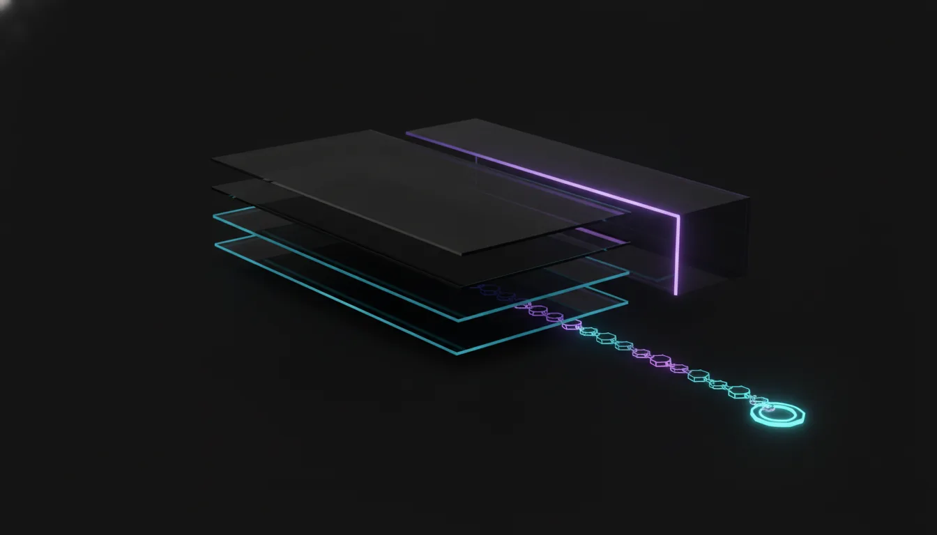 Four translucent glass planes stacked in the dark, the fourth locking into place, joined by a glowing hash chain ending in a cyan seal