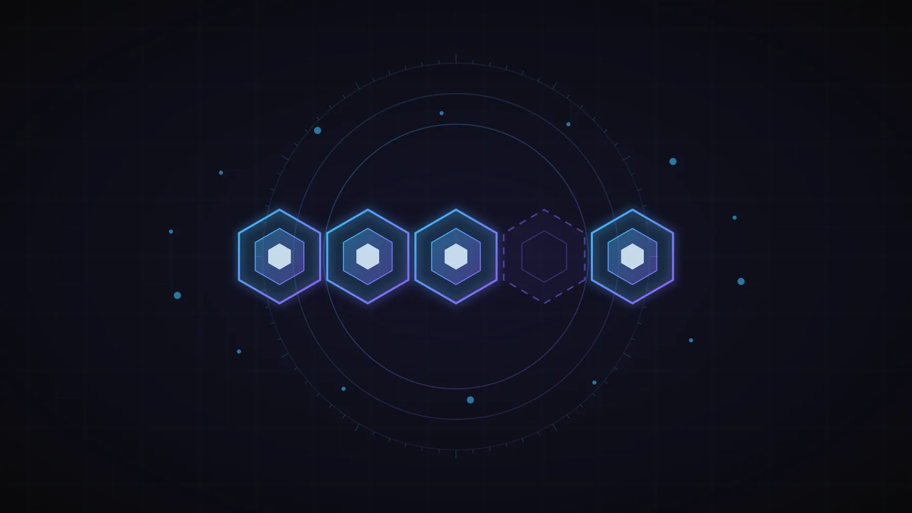A chain of glowing hexagonal seals inside concentric rings, with one dashed, dimmer hexagon marking an open gap, sky blue and violet on near-black.