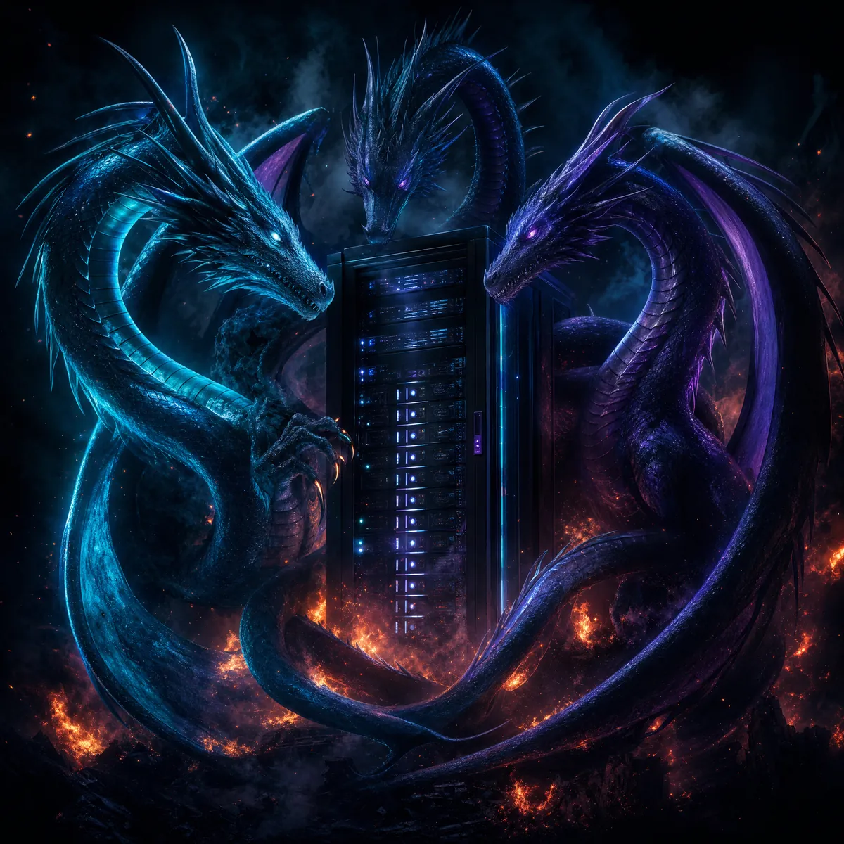 An abstract cryptographic audit-trail motif, chained seals linking across a dark ground in teal and sky blue, representing an append-only record of a security operation