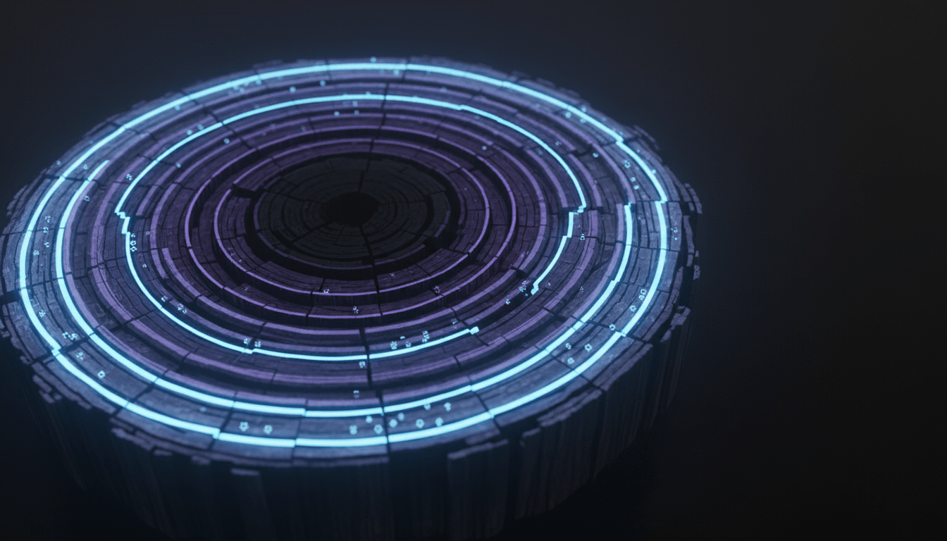 Concentric glowing data rings viewed at an angle, suggesting tree-ring strata of cognition over time.