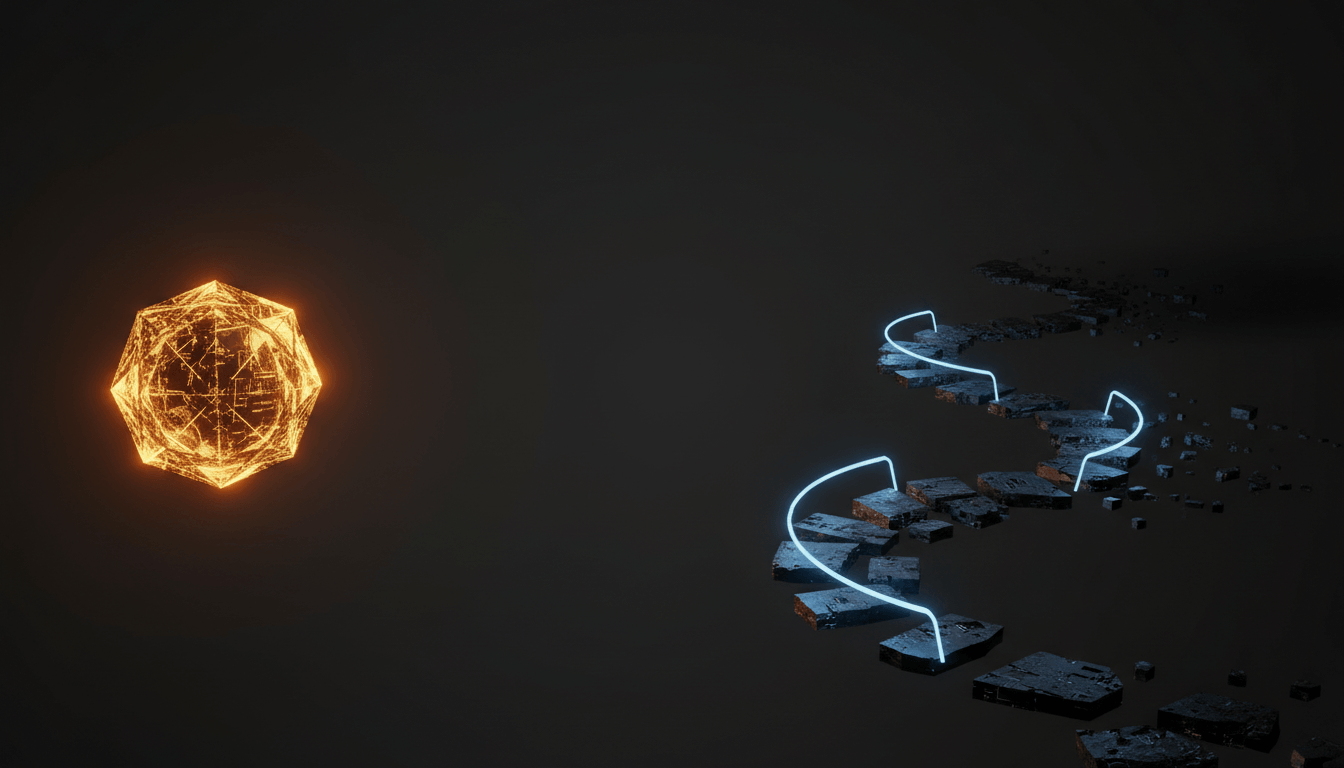 Bright answer shape with uncertain stepping stones fading into darkness