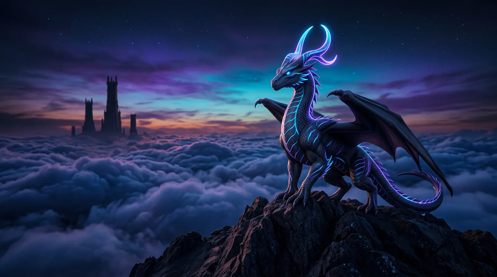 A sleek dragon with cyan and violet bioluminescent scales perched watchfully on a dark mountain peak above a sea of cloud at dusk, distant towers on the far horizon, its horns curving toward a Q, over near-black