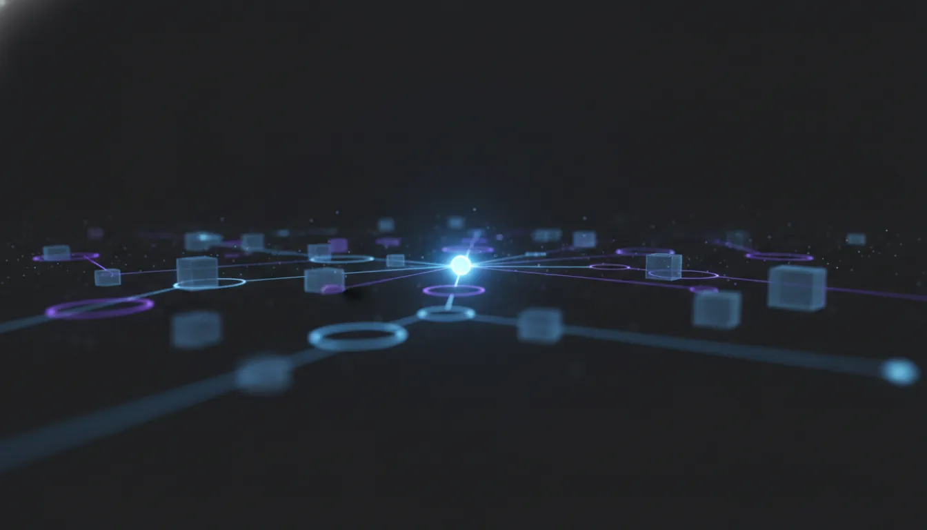 A single bright node reaching out to act on a grid of tools and systems, cyan and violet over near-black