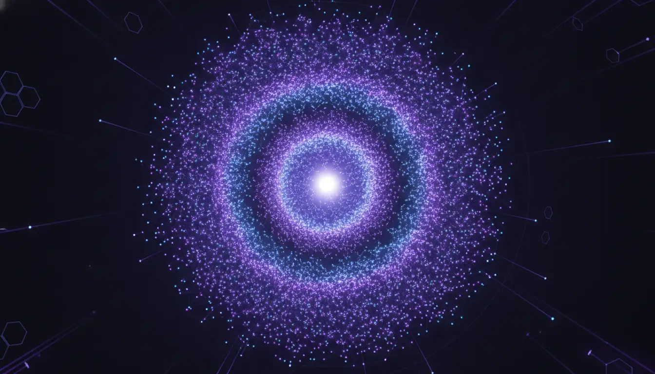 A dense point-cloud of connected nodes drawing inward to a bright core, violet and cyan over near-black