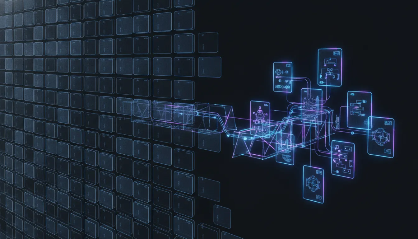 A vast wall of dormant translucent workflow tiles on the left, a handful transformed into bright connected living flow diagrams on the right, bridged by geometric scaffolding