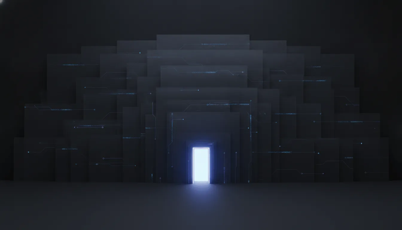 A single lit doorway in a dark wall, cyan light spilling through the one governed opening