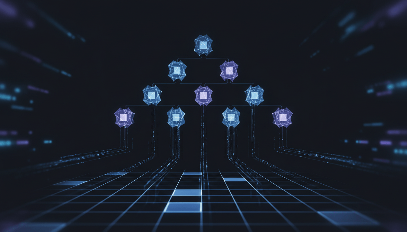 Hierarchical constellation of agent nodes streaming decisions into a structured ledger grid