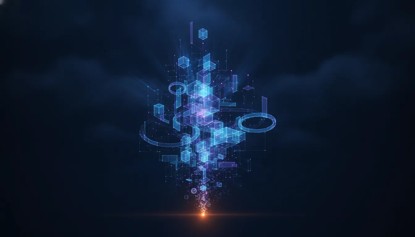 A single point of warm light at the base of a dark scene, growing upward into an ordered constellation of connected blue and violet geometric structures