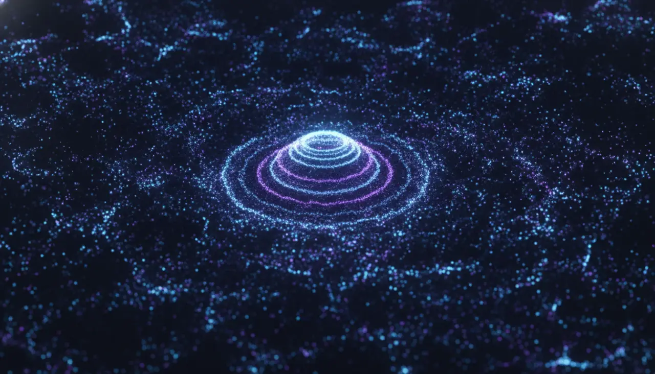 A network of glowing nodes consolidating into a single bright core, notes and links resolving into one connected memory