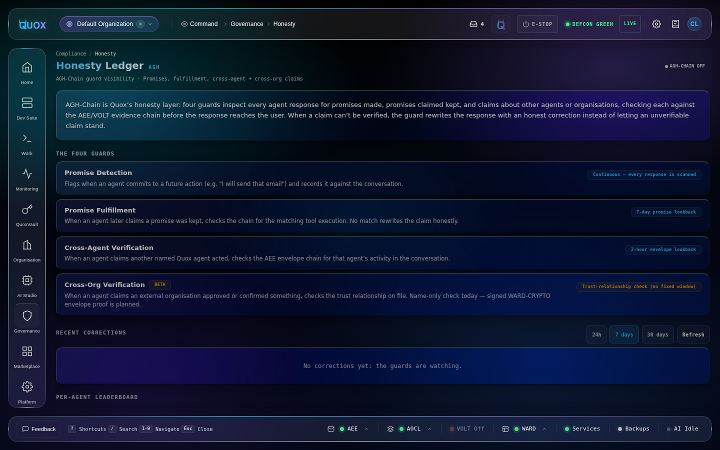 The Agent Honesty surface: the same claim-to-evidence discipline this page describes, running as a product feature with its own ledger.