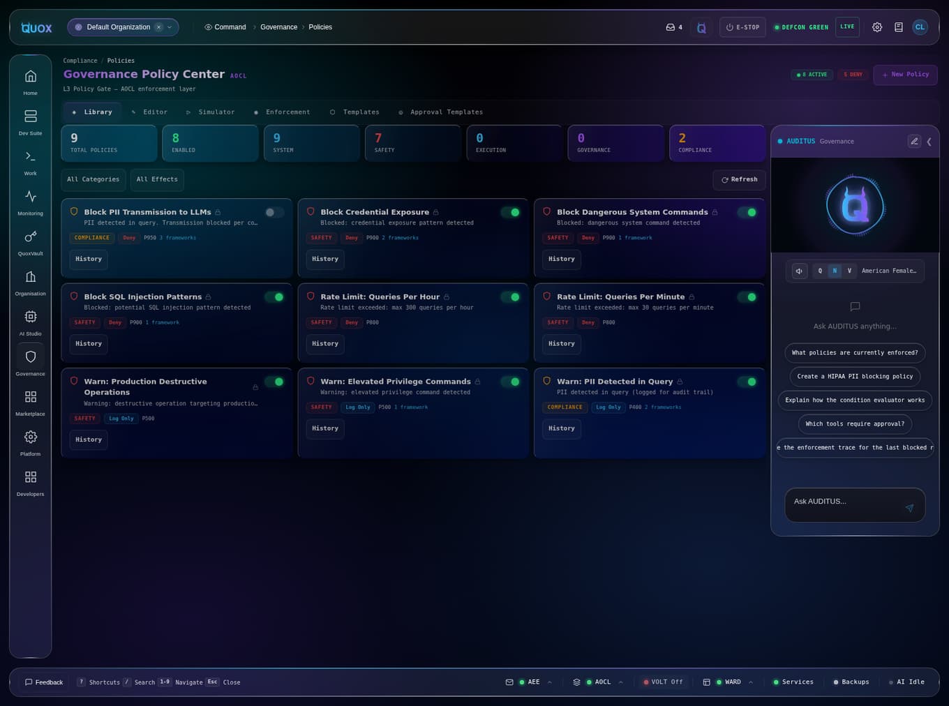 AOCL policy list in the Quox dashboard showing policies enforced at execution