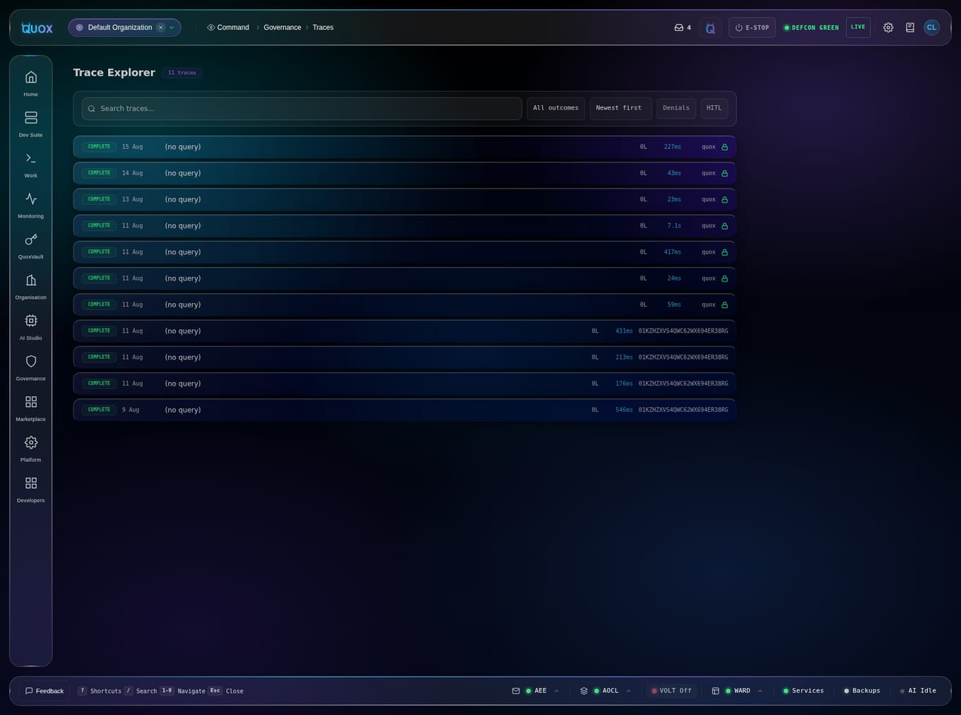 Trace Explorer in the Quox dashboard listing governed runs with outcomes and protocol status