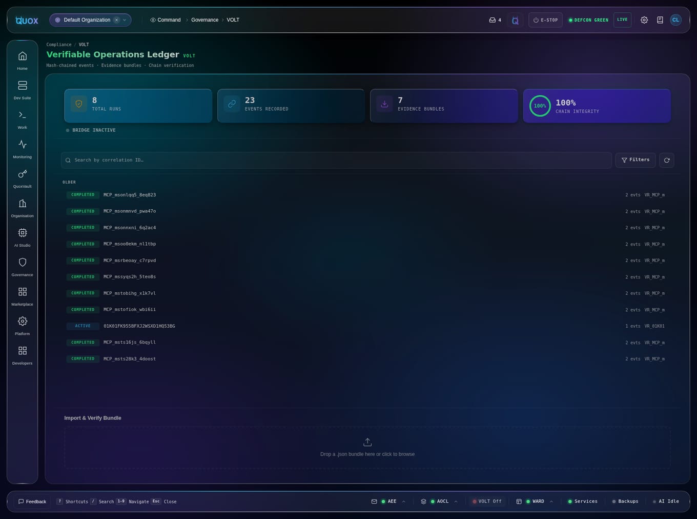 VOLT verifiable operations ledger view in the Quox dashboard