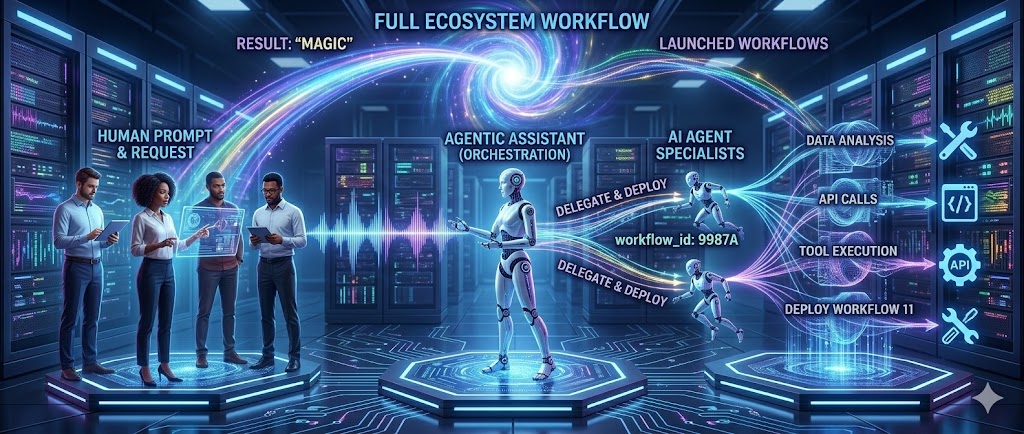 Full ecosystem workflow - human prompt through agentic orchestration to AI agent specialists executing tools, API calls, and workflows