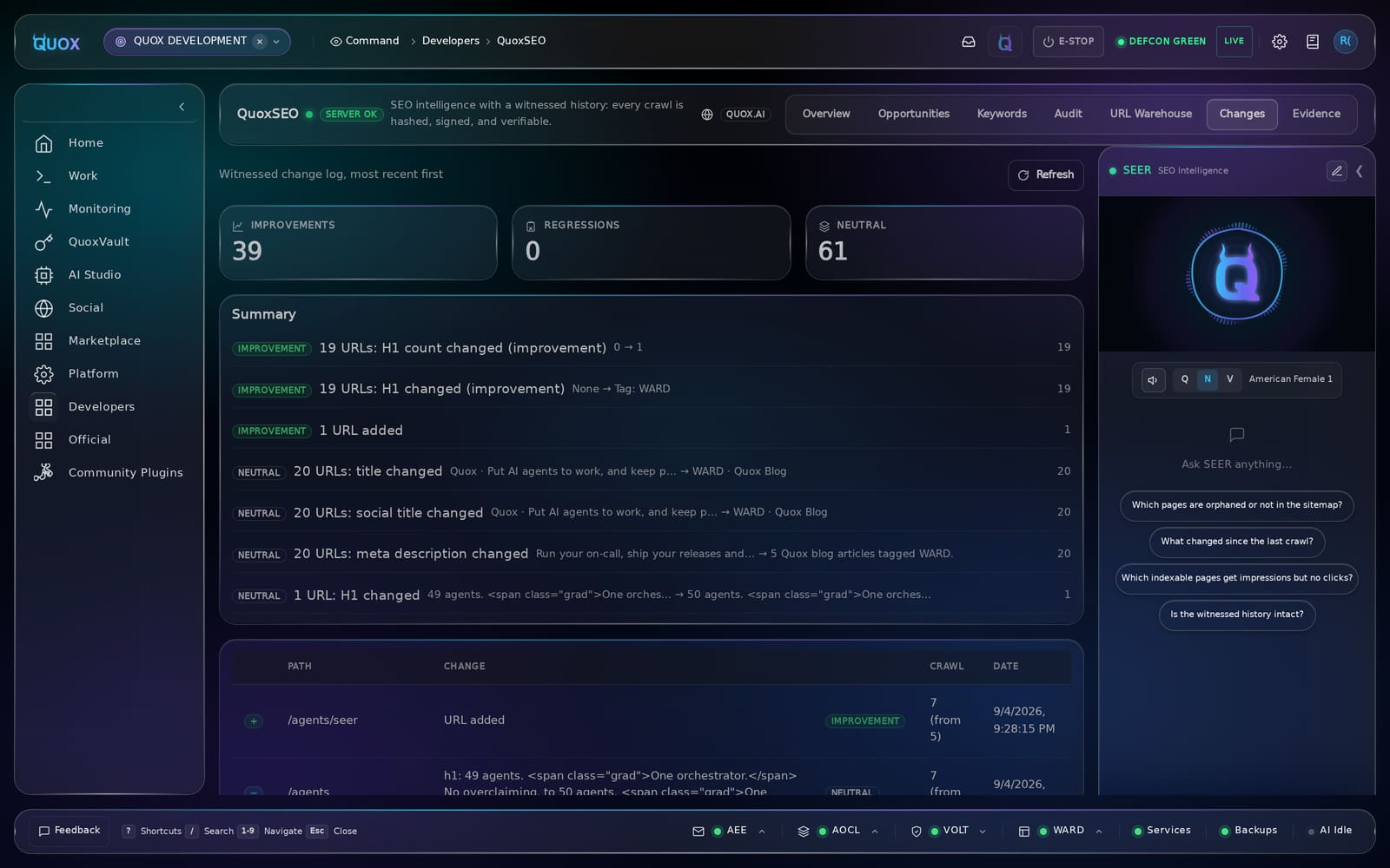 QuoxSEO changes tab: a witnessed change log with improvement, regression and neutral tags, and a per-URL diff table