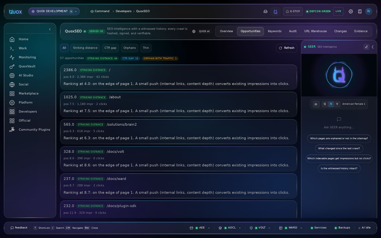 QuoxSEO opportunities tab: a ranked list of striking-distance pages with position, impressions and clicks