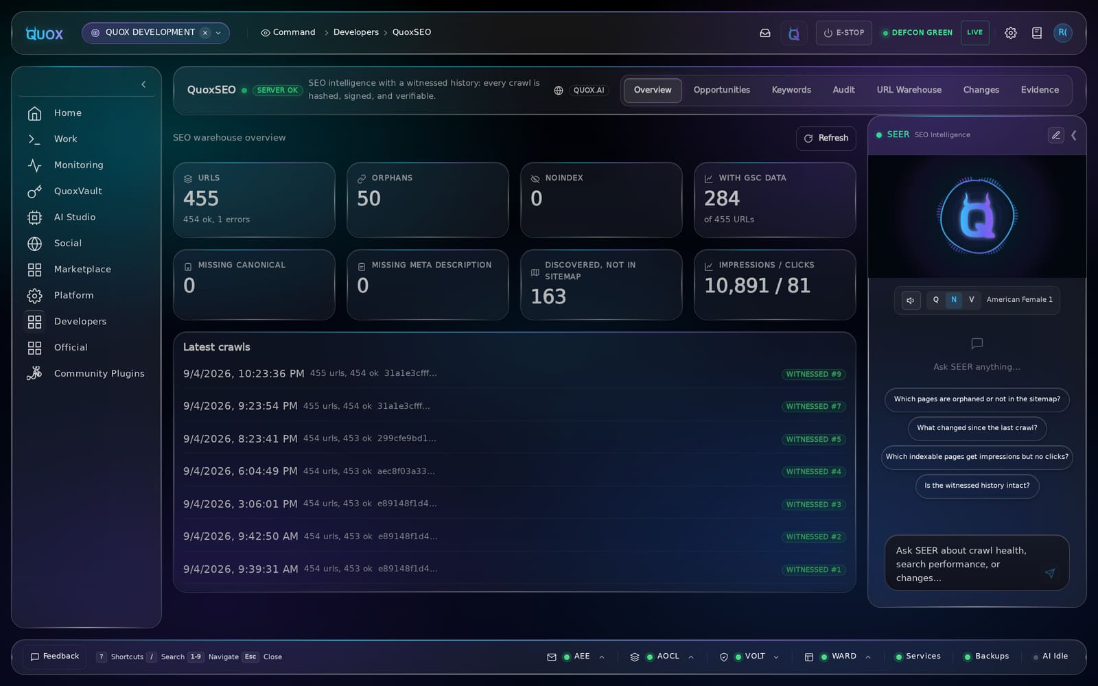 QuoxSEO overview: 455 URLs in the warehouse, 50 orphans, and a list of witnessed crawls each with a signed root hash