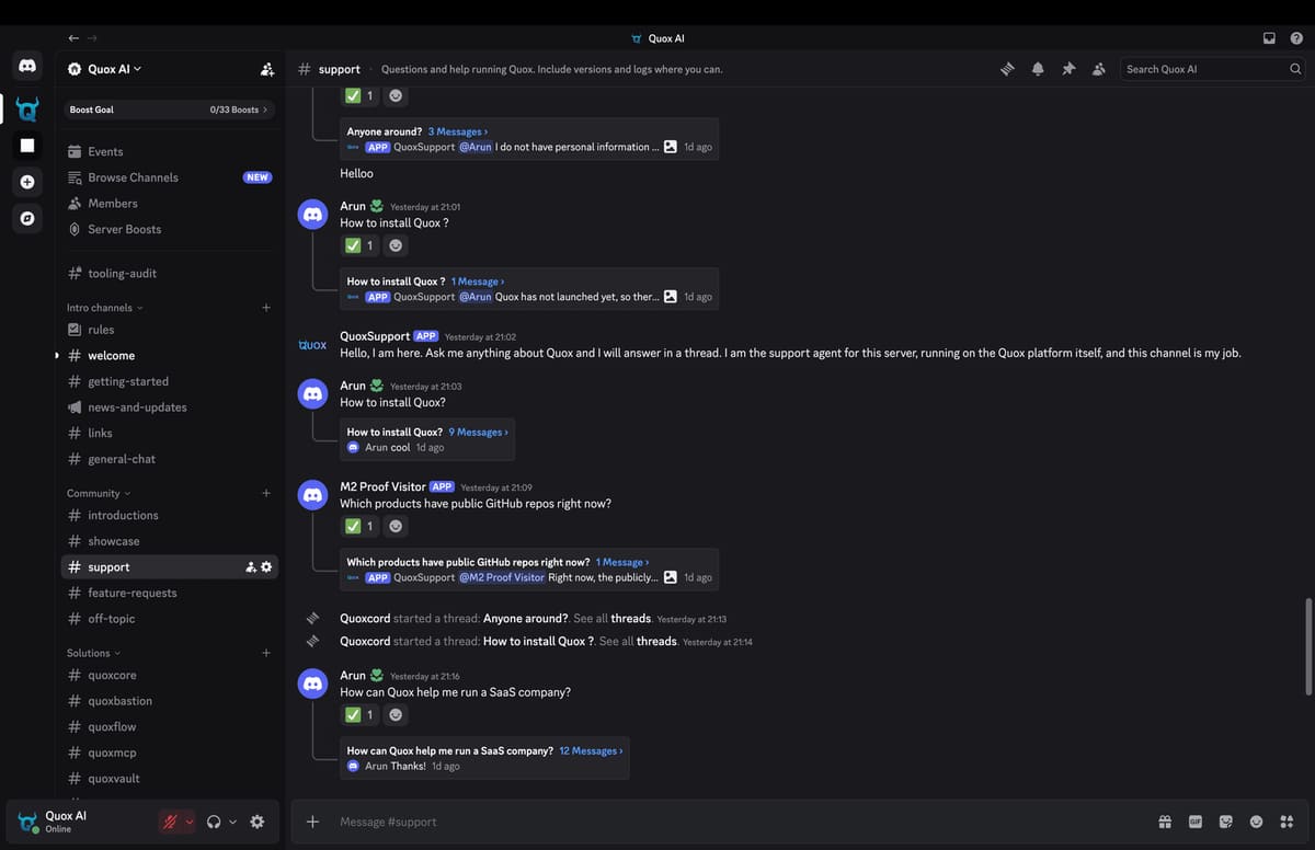 QuoxSupport answering questions in threads in the support channel