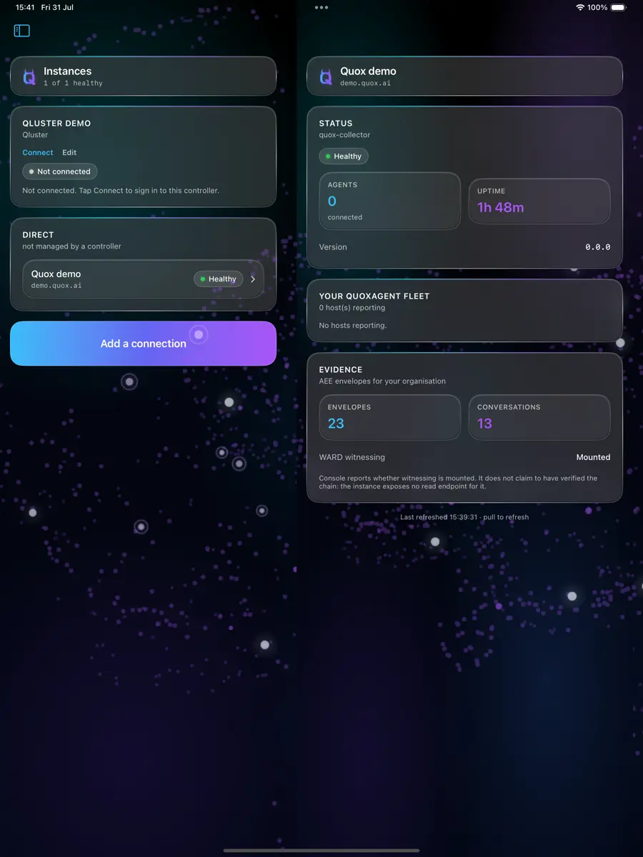 Quox Console on iPad: the estate split view with instance health and the evidence panel