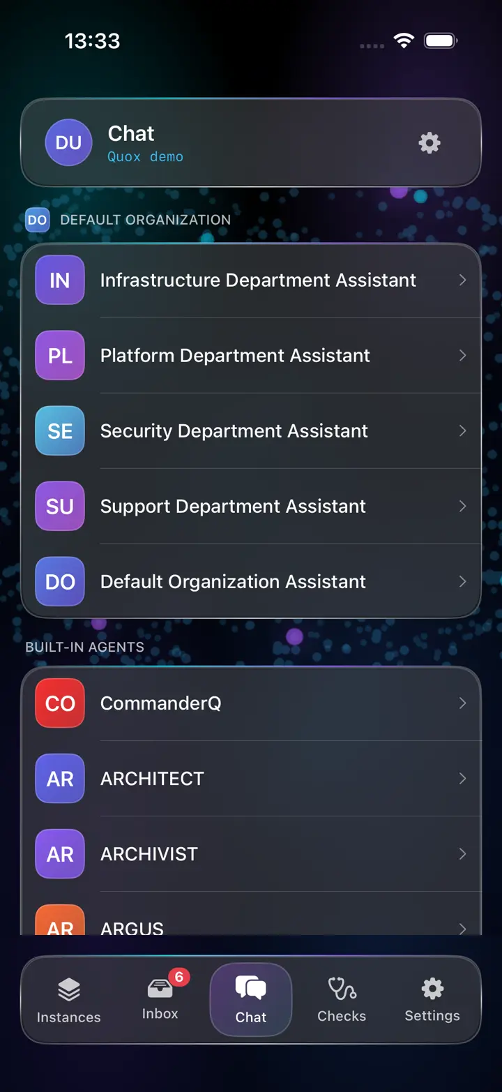 The conversation list: departments and built-in agents in their Core colours