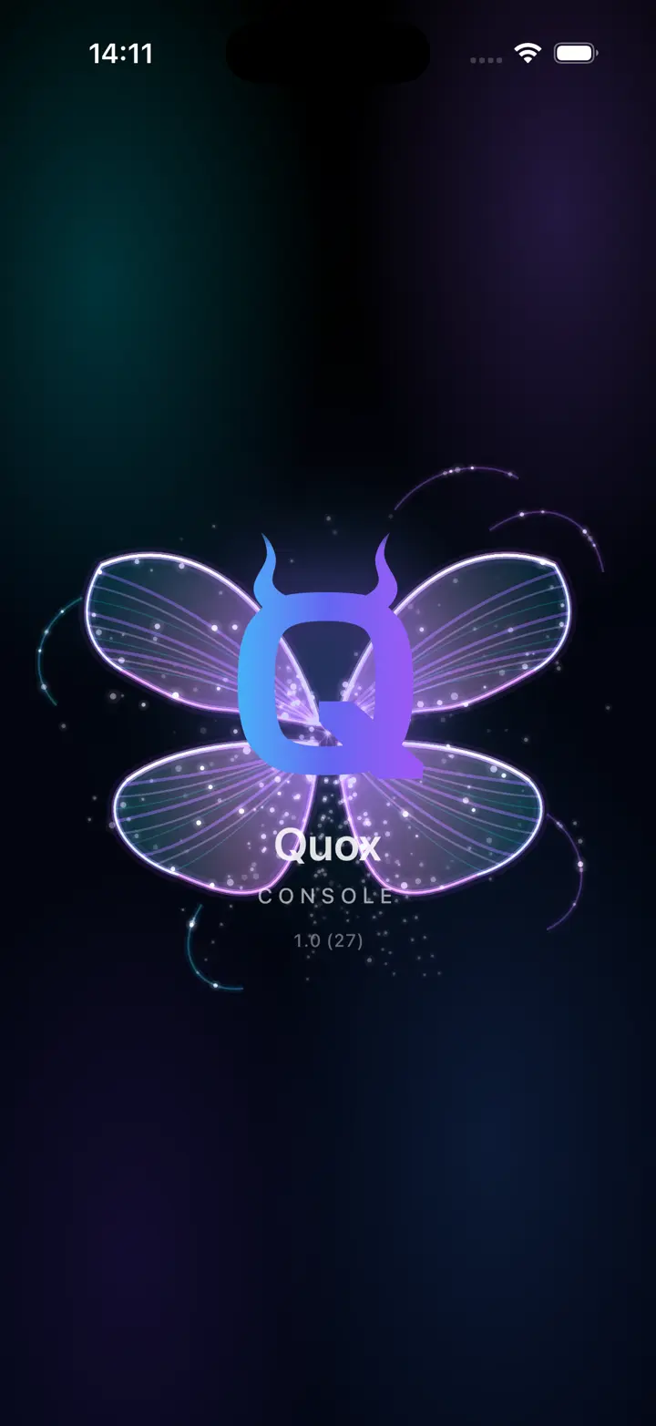 The Quox Console splash: the Quox butterfly carrying the Q mark