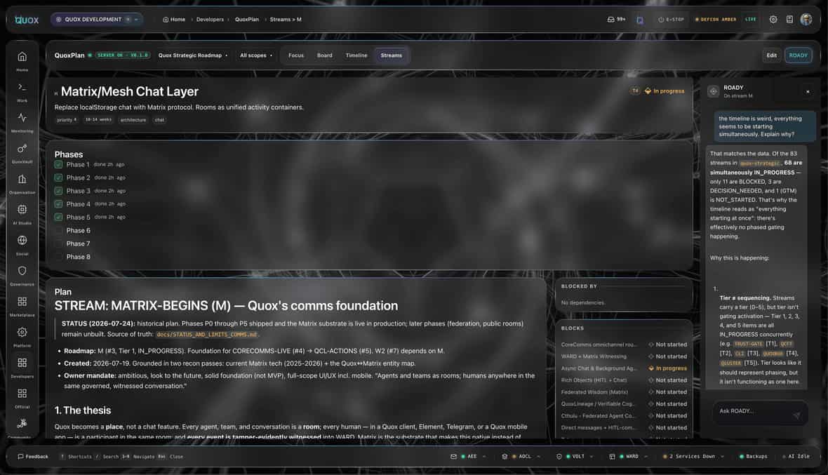 QuoxPlan stream page showing phases, dependencies, and the rendered plan document