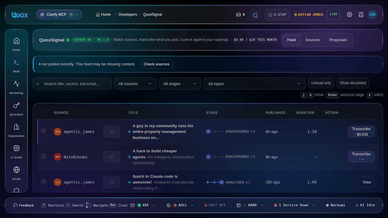 QuoxSignal Feed listing source items with avatars, titles, a staggered stage track showing DISCOVERED 1 of 3 and ANALYSED 3 of 3, published time, duration, and a Transcribe button priced at $0.010.
