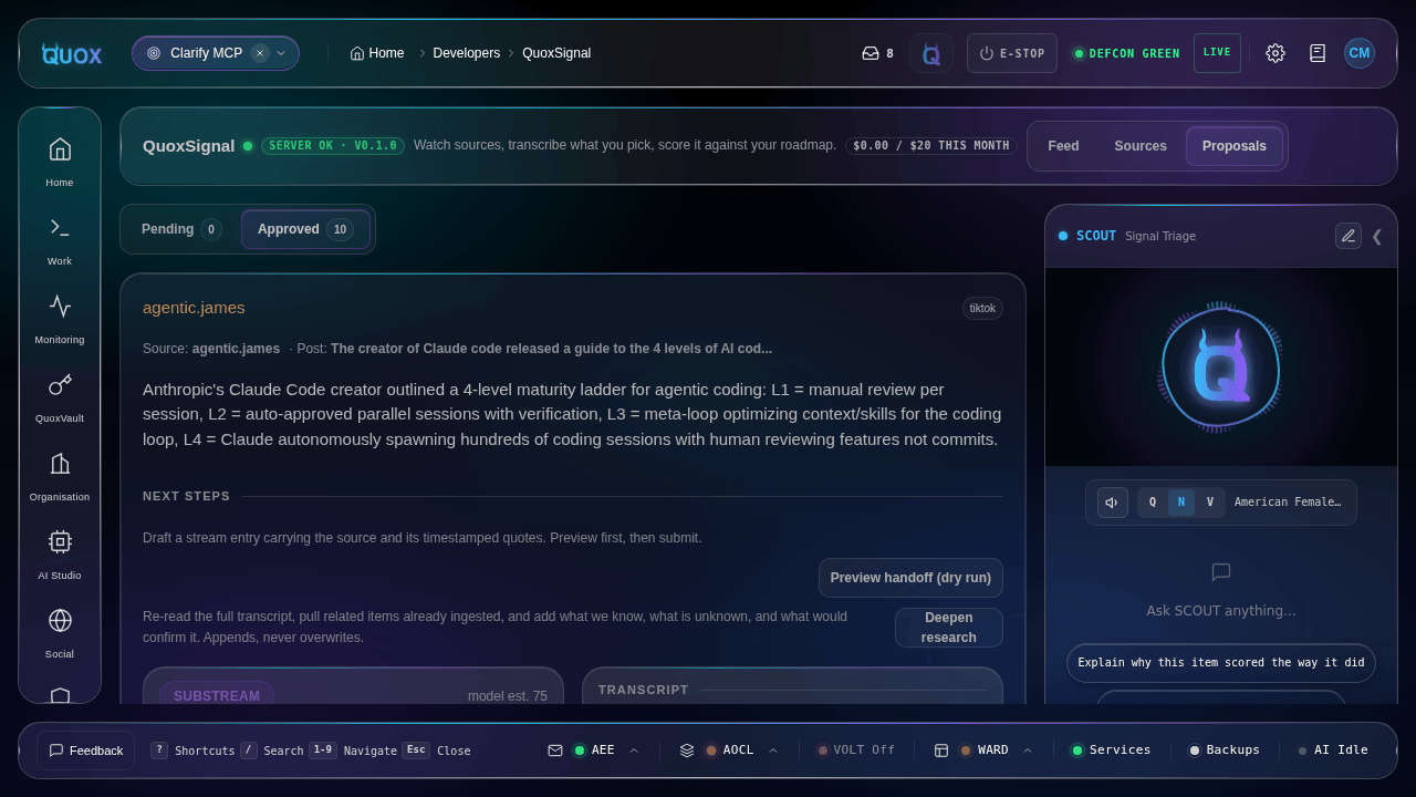 QuoxSignal Proposals view with Pending and Approved lane tabs, a proposal card showing its source and originating post, a summary, a NEXT STEPS strip with Preview handoff (dry run) and Deepen research buttons, and the SCOUT sidebar.