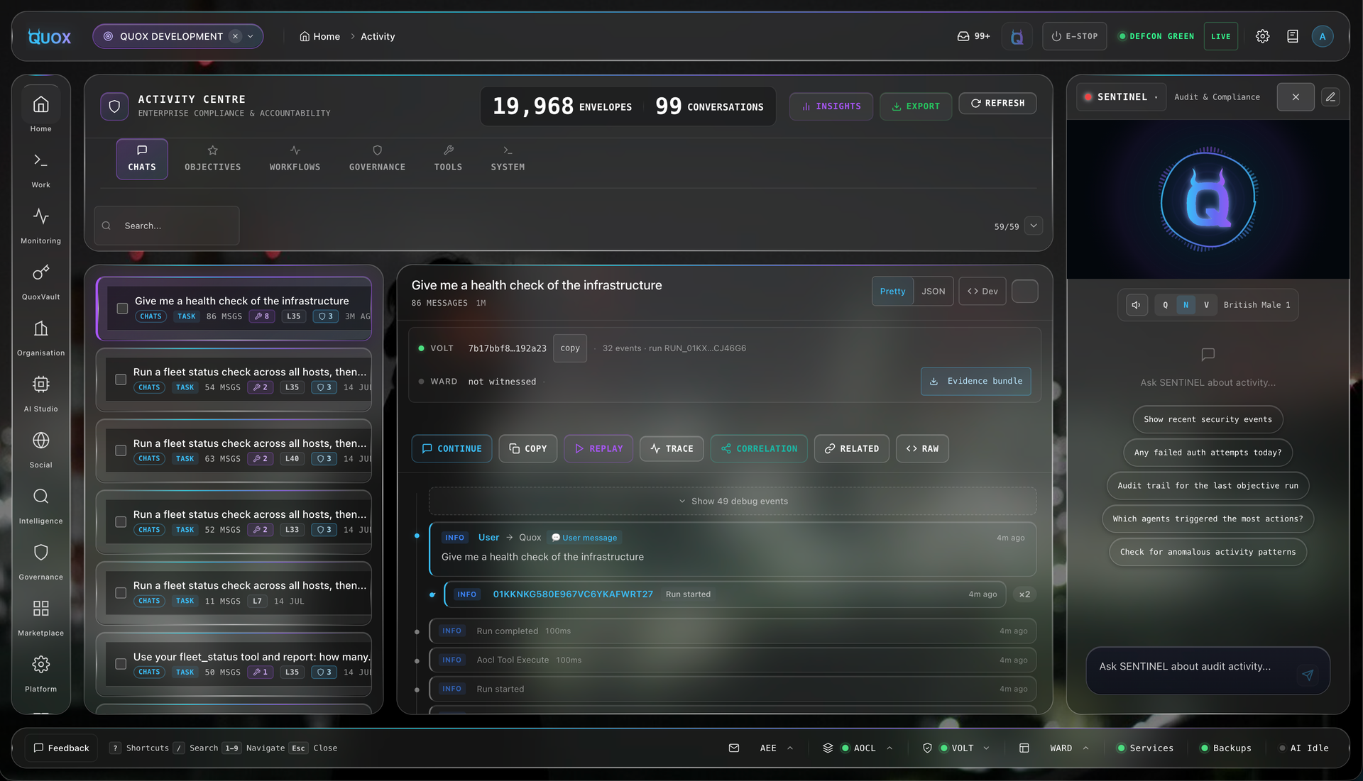 The Quox activity and audit log dashboard, showing a chronological trace of governed operations