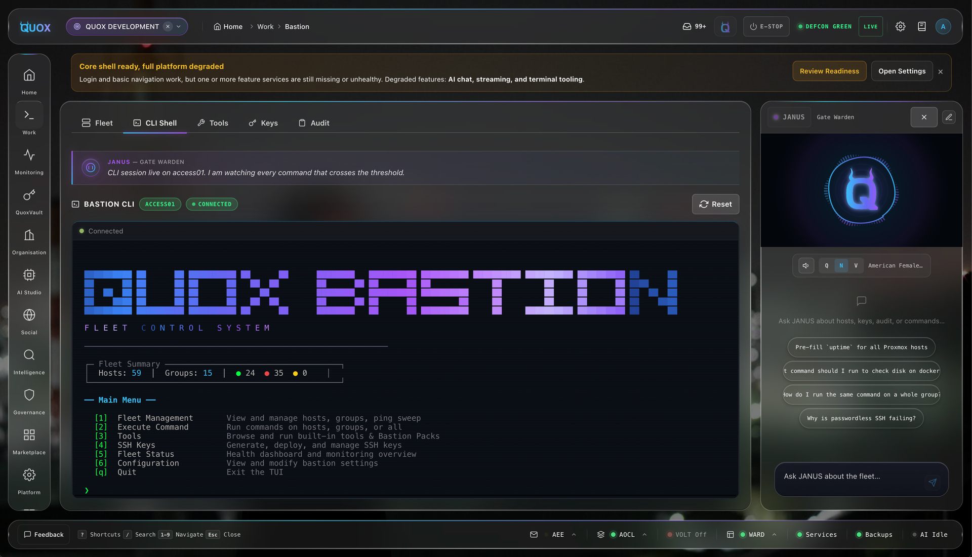 The QuoxBastion interactive TUI: fleet overview, tool browser, monitoring dashboard and audit viewer