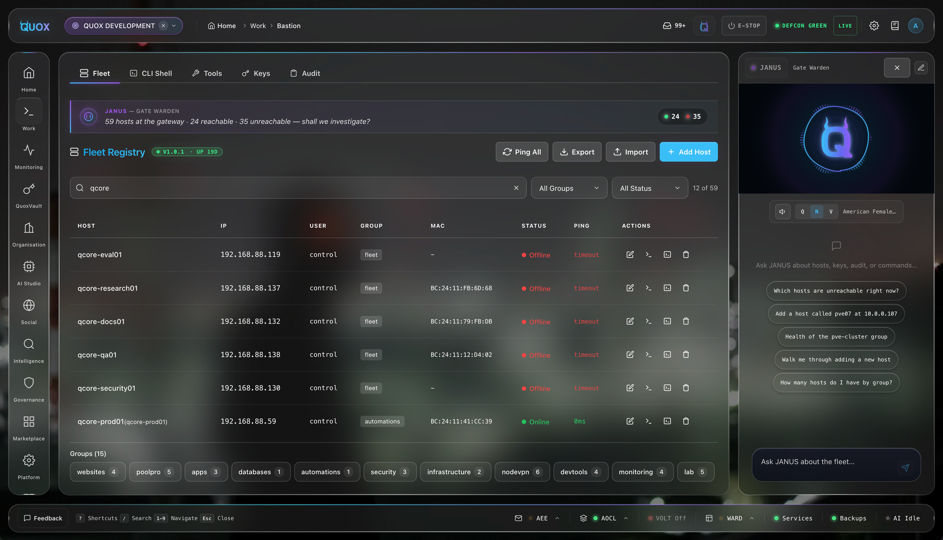 The QuoxBastion console: a JANUS gate warden banner reading a live count across a fifty-plus host lab fleet, reachable and unreachable, a DEFCON GREEN and LIVE status chip, a Fleet Registry search narrowing the table by status, IP, group and MAC columns, a groups breakdown, a JANUS assistant panel with suggested prompts, and an evidence footer bar reading AEE, AOCL, VOLT, WARD, Services, Backups and AI Idle.