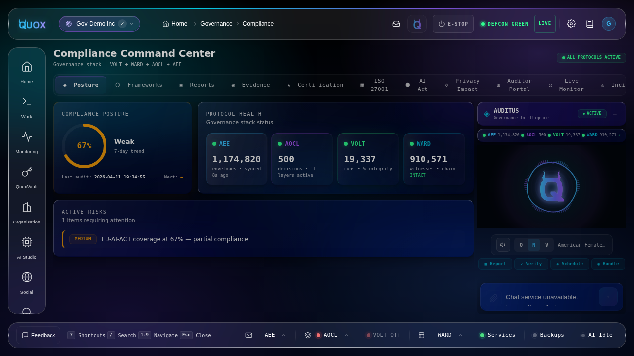 The Quox posture dashboard, honestly showing a coverage gap rather than a false all-green reading
