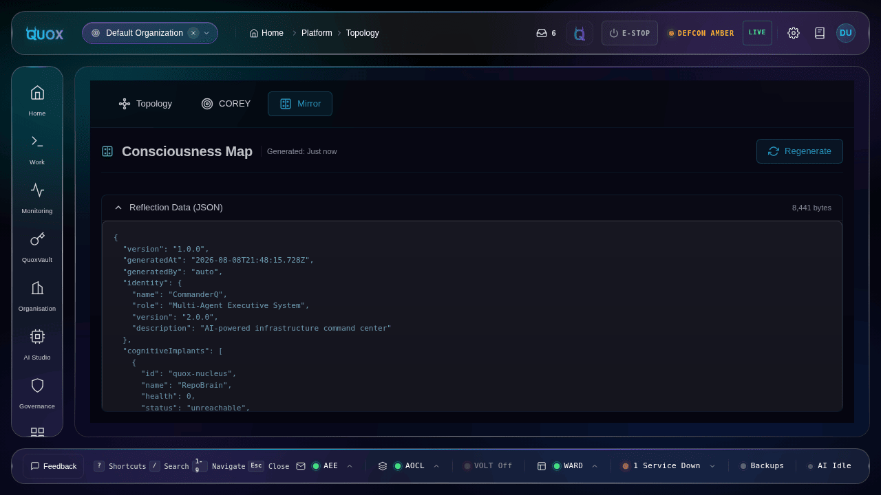 The Mirror tab's Reflection Data JSON panel expanded, showing the generated document: version, generatedAt timestamp, generatedBy, an identity object and the start of the cognitiveImplants array with real health and status fields.