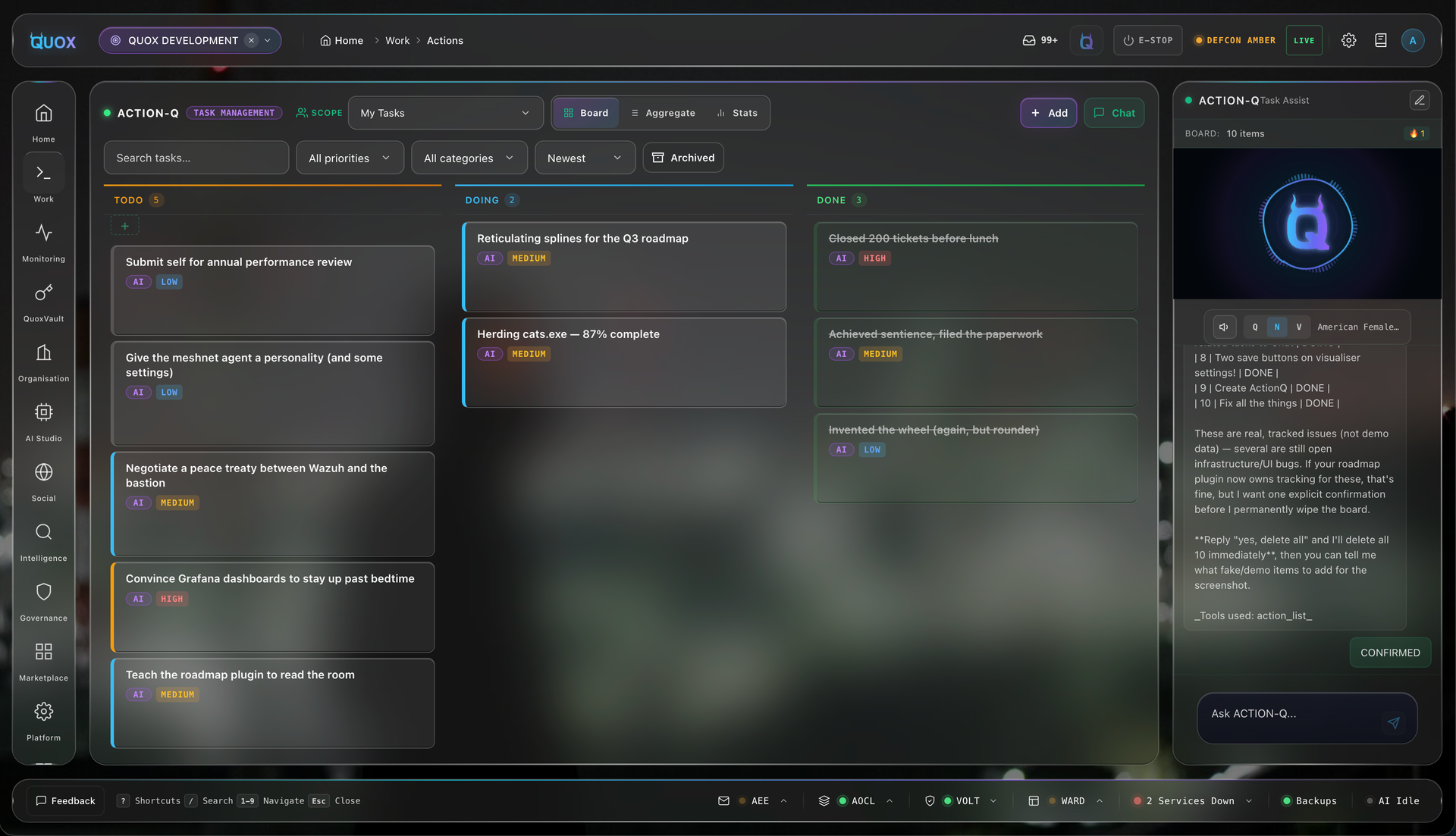 Action Tracker plugin's Kanban board inside QuoxCORE, showing TODO, DOING and DONE columns with priority and due date labels